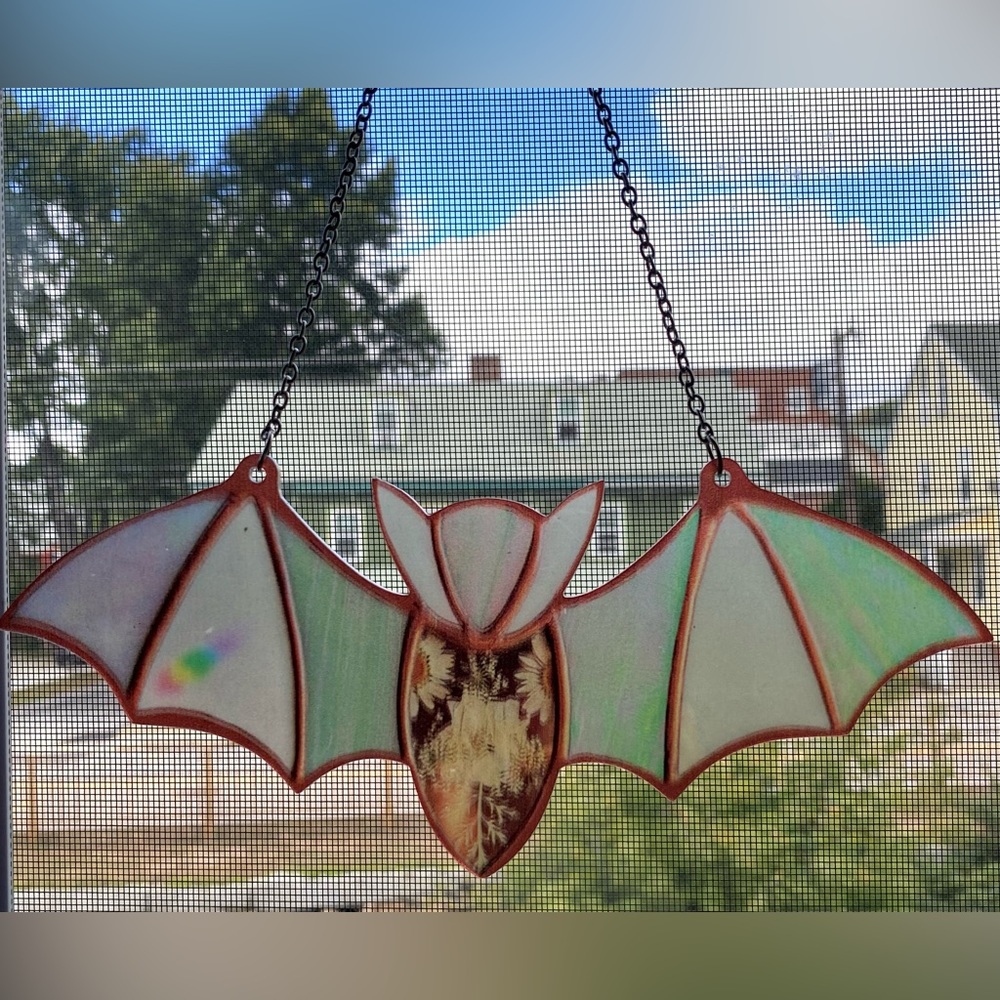 Two Halloween stain glass style bats. Made out a plastic material not glass. - Picture 2 of 2